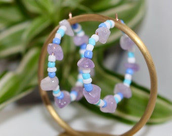 Blue, White and Amethyst Beaded Hoops