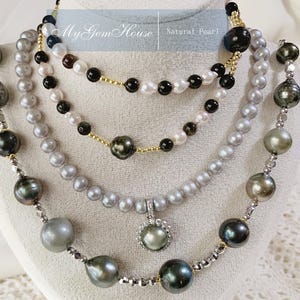 Natural Seawater Pearl Necklace: Elegant Grey Pearl Bead Strand,Gift for Mom, Gift for Her