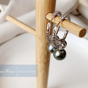 S952 Silver Pearl Earrings, Tahiti Natural Black Pearl Earrings, Pearl Drop Earrings With Diamond, Pearl Necklace, Gift for Her