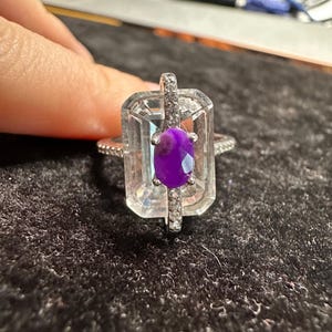 S952 Silver Sugilite Ring, Handmade Sugilite White Crystal Ring, Sugilite Ring, Gift for Her, Gift for Mom, Engagement Ring