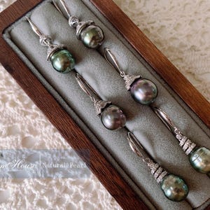 S952 Silver Pearl Earrings, Tahiti Natural Black Pearl Earrings, Pearl Drop Earrings With Diamond, Bride Earrings, Gift for Her