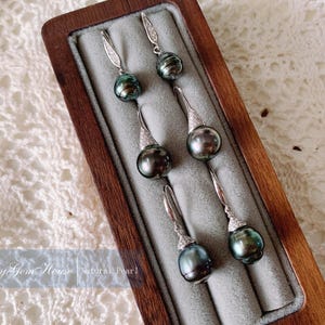 S952 Silver Pearl Earrings, Tahiti Natural Black Pearl Earrings, Pearl Drop Earrings With Diamond, Bride Earrings, Gift for Her