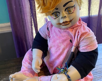 Creepy ooak self sitting doll, creepy/weird doll with blonde hair