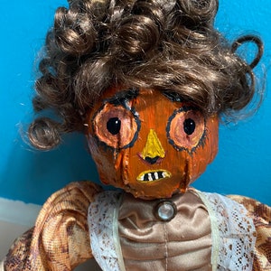 Ooak Creepy/cute pumpkin head porcelain art doll, Halloween porcelain doll, fall doll, jackolantern doll