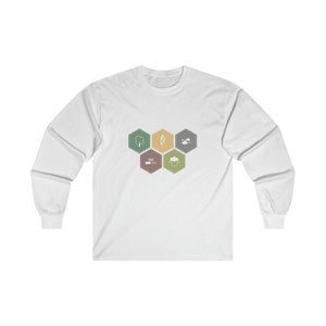 I Coloni di Catan: maglietta a maniche lunghe dalla vestibilità classica con grafica iconica della carta risorsa Catan - 100% cotone ecologico, resistente ed elegante!!