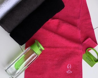 Yoga towel 100% soft cotton towelling handy size, available in five colours, can be plain or with yoga logo