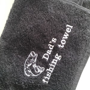 Fishing towel 100% soft cotton towelling handy size available in five colours ,with fish design or fish design with personalised text