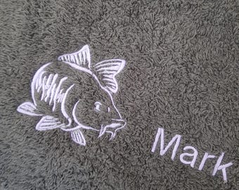 Carp fishing towel, embroidered, 100% soft cotton towelling handy size available in five colours ,with carp design or carp design and name