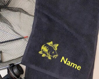 Fishing towel, embroidered, 100% soft cotton towelling handy size available in five colours ,with carp design or carp design and name
