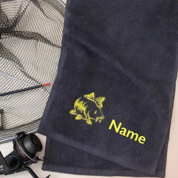 Fishing Towel, Embroidered, 100% Soft Cotton Towelling Handy Size Available  in Five Colours ,with Carp Design or Carp Design and Name 