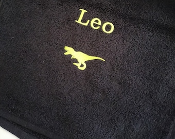 Dinosaur / T rex kids towel 100% soft cotton towelling handy size available in five colours with personalised text