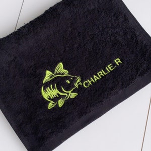 Fishing towel, embroidered, 100% soft cotton towelling handy size available in five colours ,with carp design or carp design and name