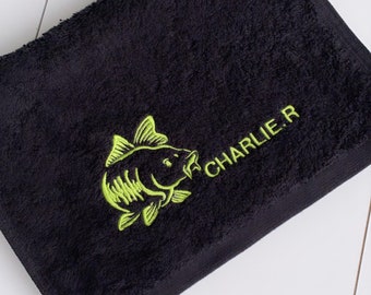 Fishing towel, embroidered, 100% soft cotton towelling handy size available in five colours ,with carp design or carp design and name