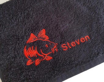 Carp fishing towel, embroidered, 100% soft cotton towelling handy size available in five colours ,with carp design or carp design and name