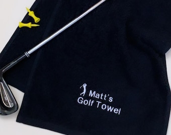 Personalised, embroidered golf towel 100% soft cotton towelling handy size, available in five colours, with golf logo and name