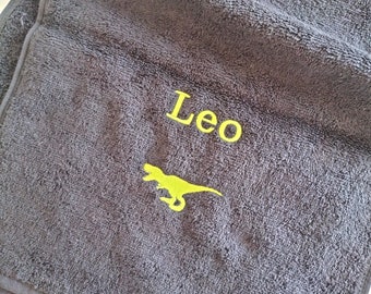 T rex, Dinosaur kids towel 100% soft cotton towelling handy size available in five colours with personalised text