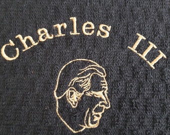 Charles III commemorative embroidered tea towel, 100% cotton