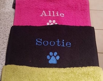 Dog towel 100% soft cotton towelling handy size available in five colours , with embroidered paws or paws and name