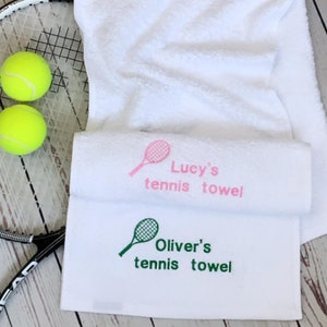 Tennis towel 100% soft cotton towelling handy size, available in five colours, with tennis racket logo or logo and text