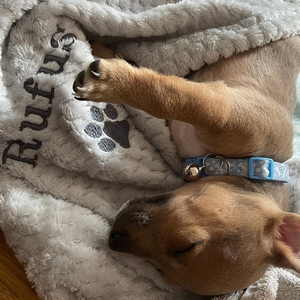 Gepersonaliseerde, geborduurde hond/kat puppy/kitten deken. Kan effen zijn, alleen met pootafdruk of met pootafdruk en de naam van uw huisdier.