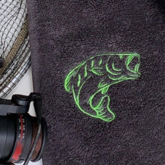 Fishing Towel 100% Soft Cotton Towelling Handy Size Available in Two  Colours Black and Charcoal Grey, Can Be Plain or With Fish Design Logo 