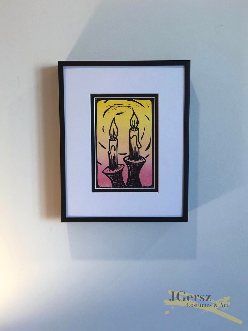 Shabbos Blessing 2 Linocut /& Watercolor Art Print Original Hand Carved Block Print