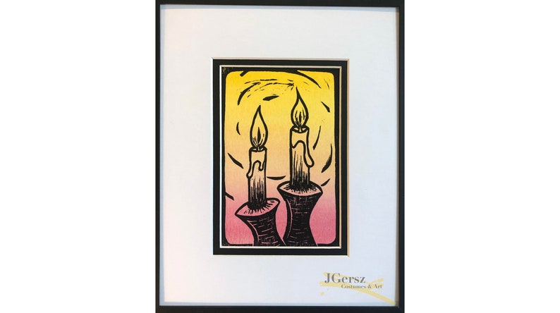 Shabbos Blessing 2 Linocut /& Watercolor Art Print Original Hand Carved Block Print