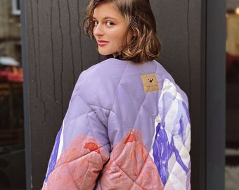 Organic cotton quilted warm jacket with snaps handmade vintage, timeless retro pattern, pink, purple orange & beige