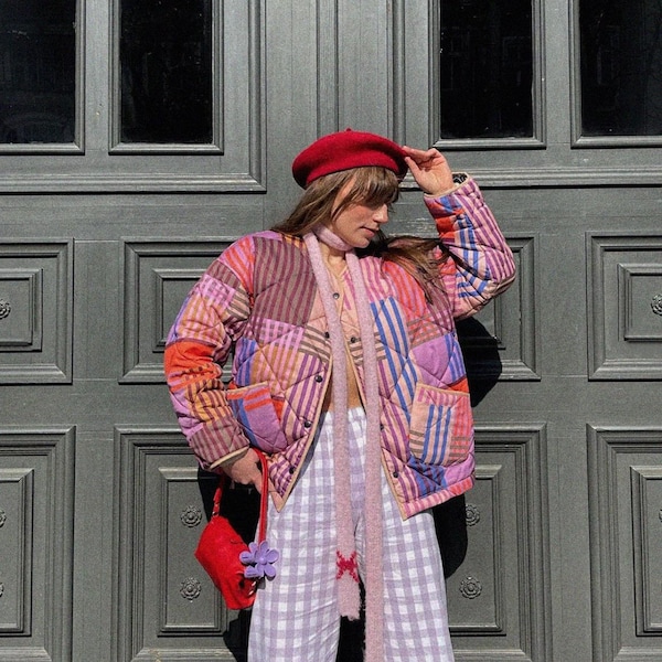 Organic cotton quilted warm jacket with snaps handmade vintage, timeless retro pattern, pink, purple orange & beige