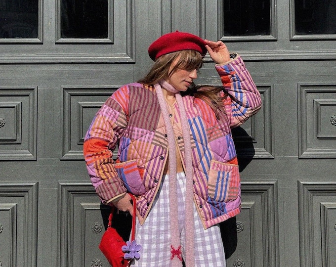 Organic cotton quilted warm jacket with snaps handmade vintage, timeless retro pattern, pink, purple orange & beige