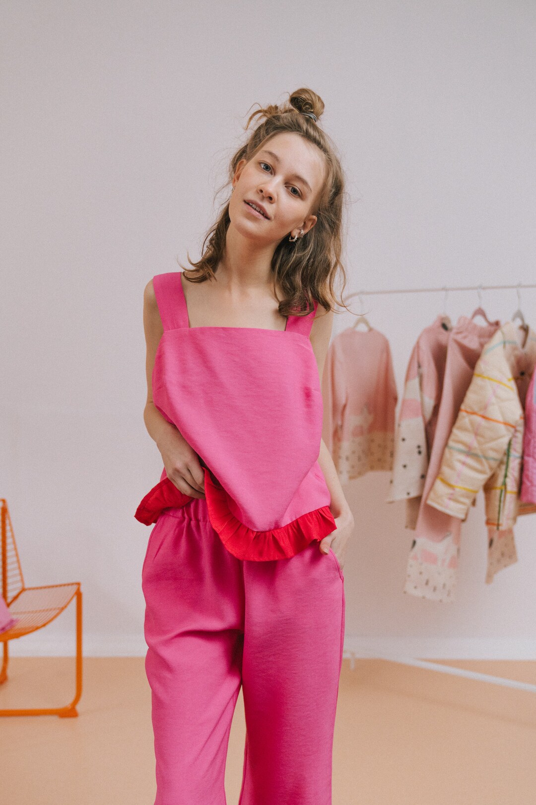 Pink and Red Summer Top With Wide Straps Finished With a