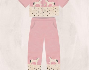 Lässige Kimonojacke, inspiriert von Sanyus Arbeit, Bio-Baumwolle, Creme, gebrochenes Weiß, Mittelgrau, Beige, Puderrosa – Poetic Horses