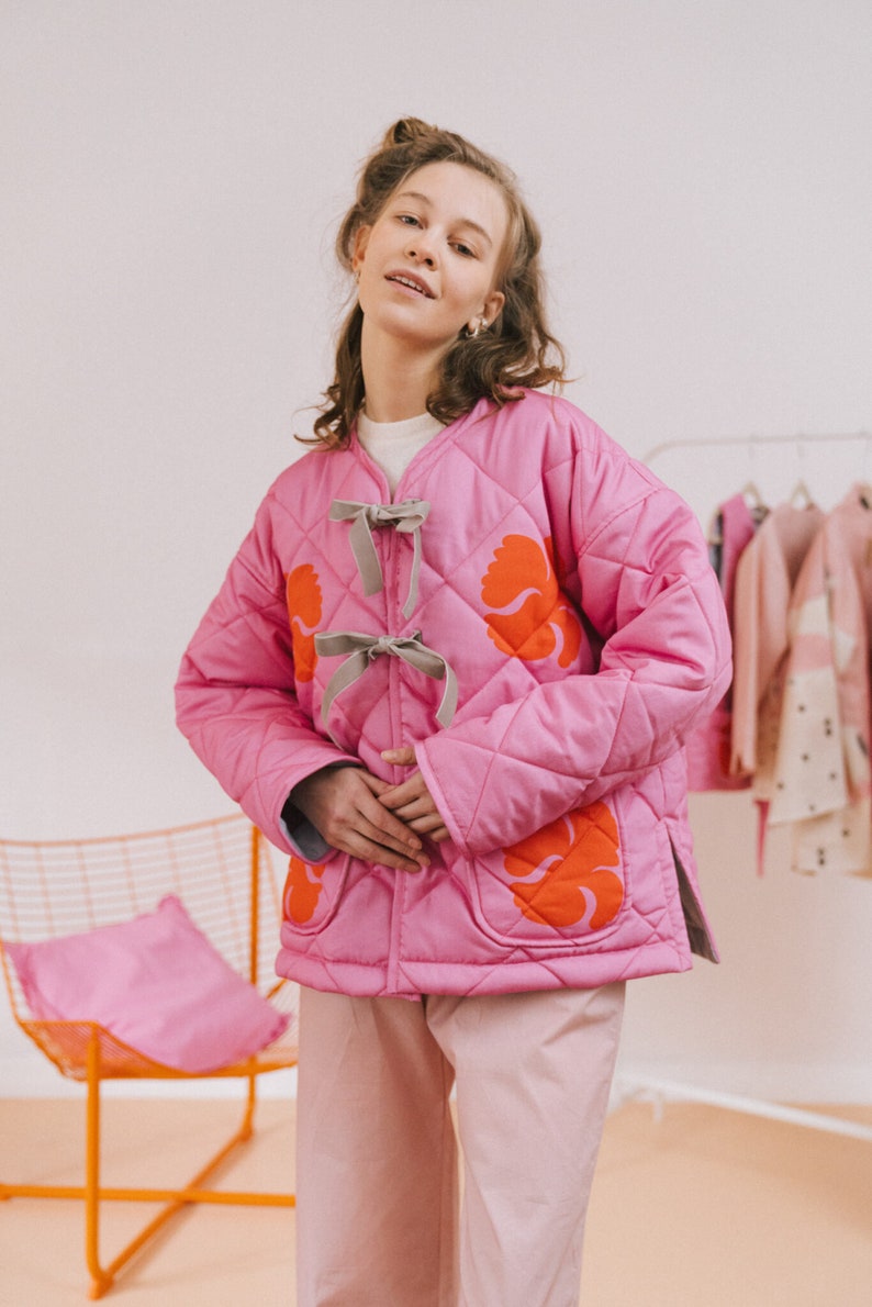 Quilted casual women's jacket with red poppies on a pink background organic cotton binding binding pockets inspired by spring image 1