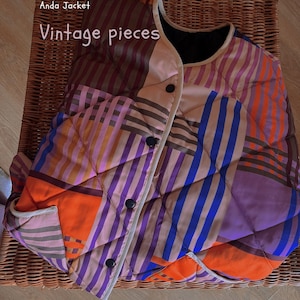 Organic cotton quilted warm jacket with snaps handmade vintage, timeless retro pattern, pink, purple orange & beige image 2
