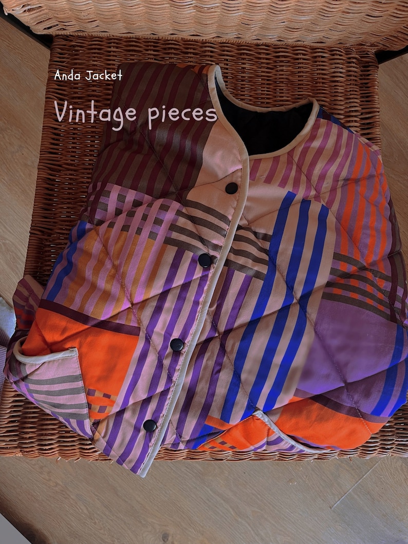 Organic cotton quilted warm jacket with snaps handmade vintage, timeless retro pattern, pink, purple orange & beige image 2