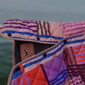 Organic cotton quilted warm jacket with snaps handmade vintage, timeless retro pattern, pink, purple orange & beige image 8