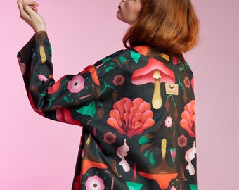 Shroomland reversible organic cotton kimono jacket in intense late summer and fall colors, boxy shape and pockets