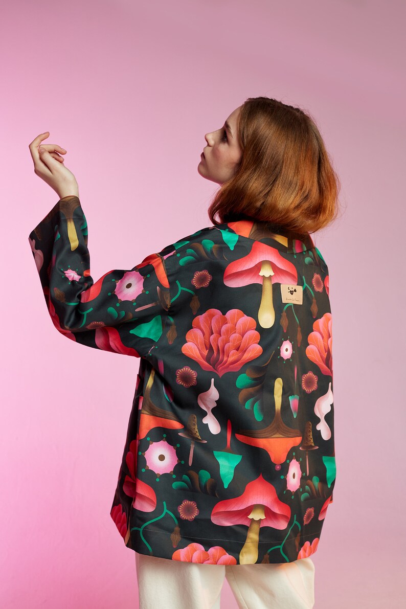 Shroomland reversible organic cotton kimono jacket in intense late summer and fall colors, boxy shape and pockets image 1