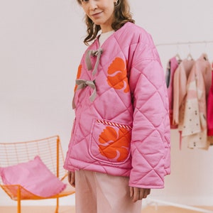 Quilted casual women's jacket with red poppies on a pink background organic cotton binding binding pockets inspired by spring image 2