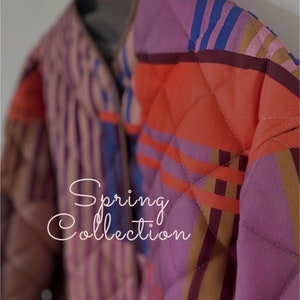 Organic cotton quilted warm jacket with snaps handmade vintage, timeless retro pattern, pink, purple orange & beige image 7