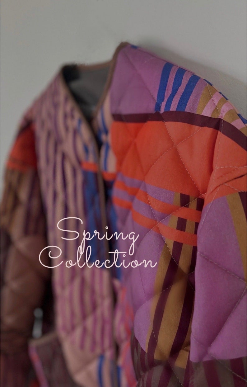 Organic cotton quilted warm jacket with snaps handmade vintage, timeless retro pattern, pink, purple orange & beige image 7