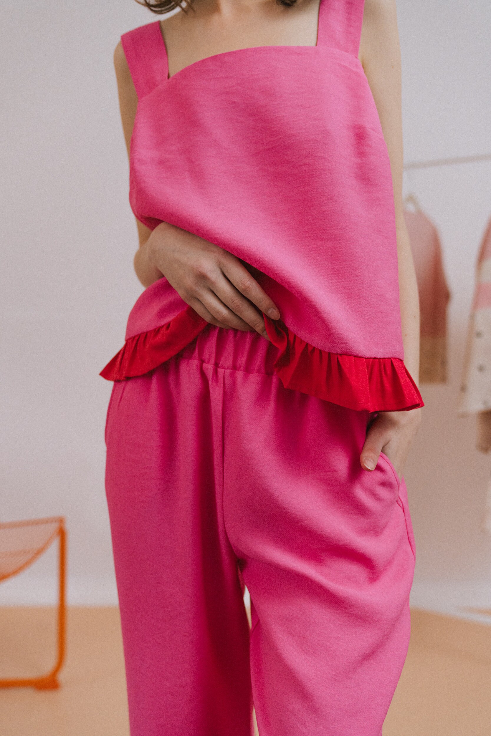 Pink and Red Summer Top With Wide Straps Finished With a