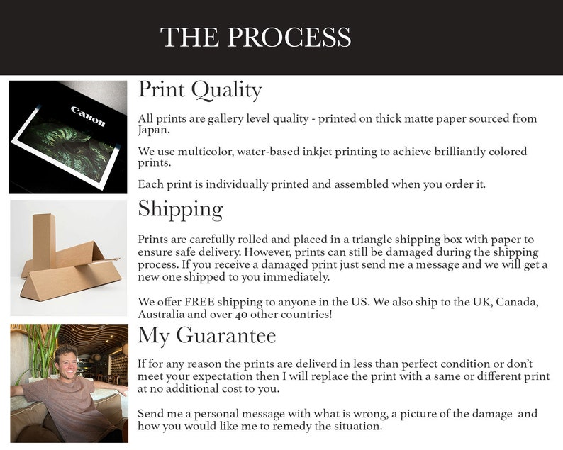 Op de afbeelding: Afbeelding met details over het afdrukproces, inclusief afdrukkwaliteit, verzending en garantie-informatie. De tekst bevat details over prints van galerijniveau, inkjetprinten op waterbasis en individuele montage. Een persoon is te zien in de afbeelding.