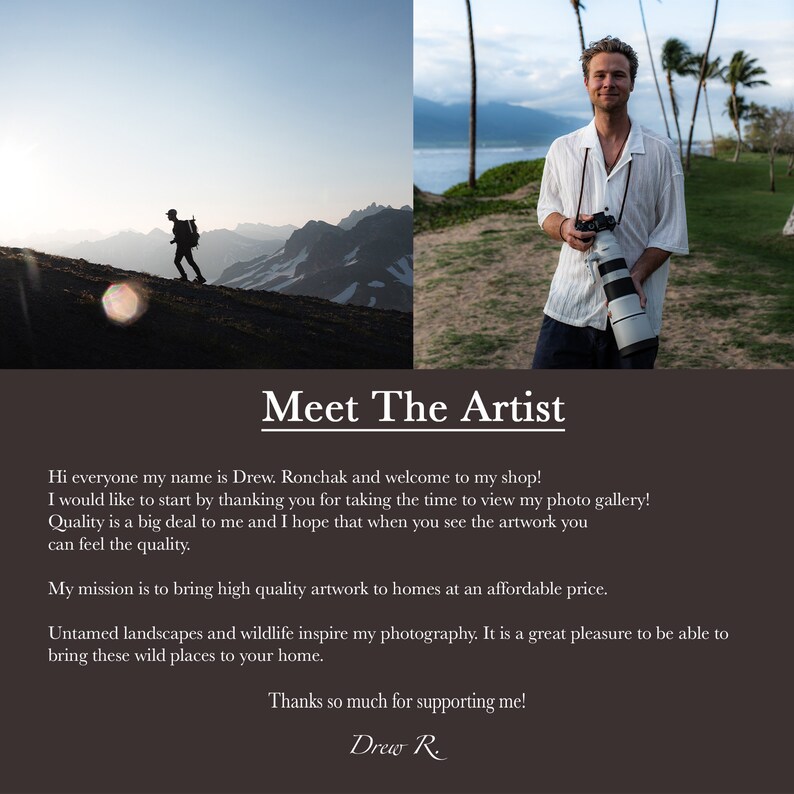 May include: A photographer, Drew Ronchak, stands in front of a tropical landscape, holding a camera. The text "Meet The Artist" is at the top of the image. The text below describes Drew's photography style and mission.