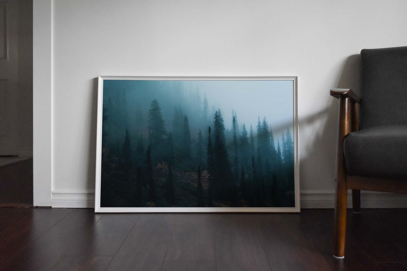 May include: A framed art print featuring a misty forest scene. The artwork depicts tall, dark evergreen trees shrouded in a blue-green fog. The print is in a silver frame and leans against a white wall.