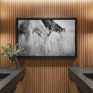 Pu&ograve; includere: Un bagno moderno con una fotografia incorniciata in bianco e nero di cavalli al pascolo in un campo. Le pareti sono rivestite in legno e ci sono due lavandini neri con specchi e applique abbinati. Un vaso di verde &egrave; posto sul piano di lavoro.