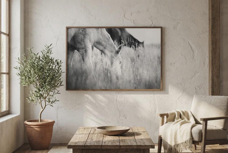 Pu&ograve; includere: Stampa in bianco e nero incorniciata di due cavalli che pascolano nell'erba alta. L'opera d'arte &egrave; esposta sopra un tavolino di legno con una ciotola decorativa. Un albero di ulivo in vaso e una poltrona beige completano l'arredamento della stanza.