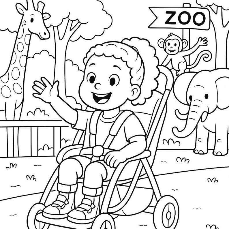 May include: Black and white illustration of a child in a stroller at the zoo. A giraffe, elephant, and monkey are visible. The child is waving. A sign reads "ZOO".