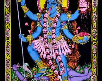 Tapeçaria Maa Kaali: Decoração de parede da deusa indiana, arte religiosa de lantejoulas (40 x 30 polegadas)