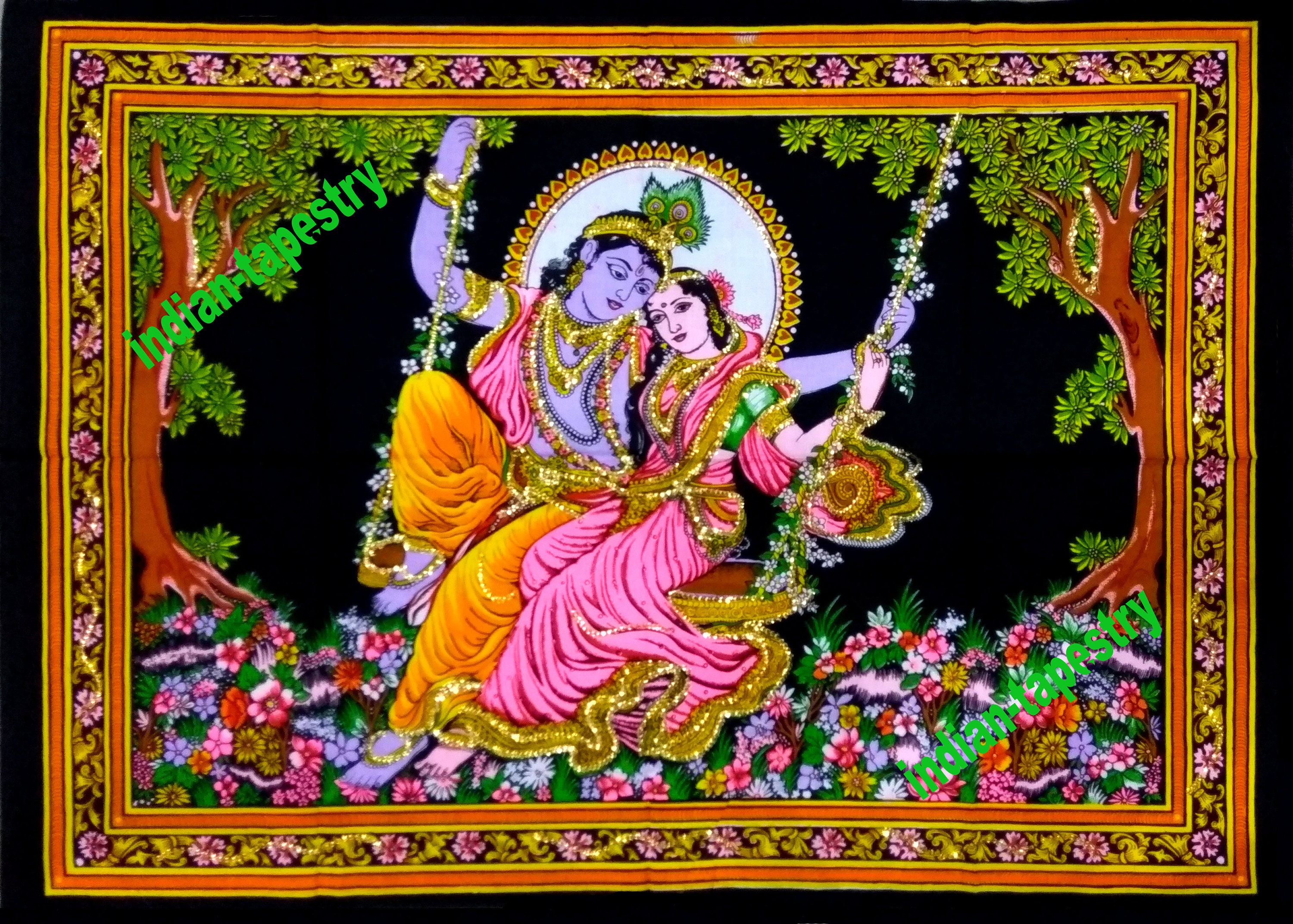 Indian God Radha Krishna Tapestry Sequin Poster Religious Wall Hanging Bohemian Home Decor Etsy